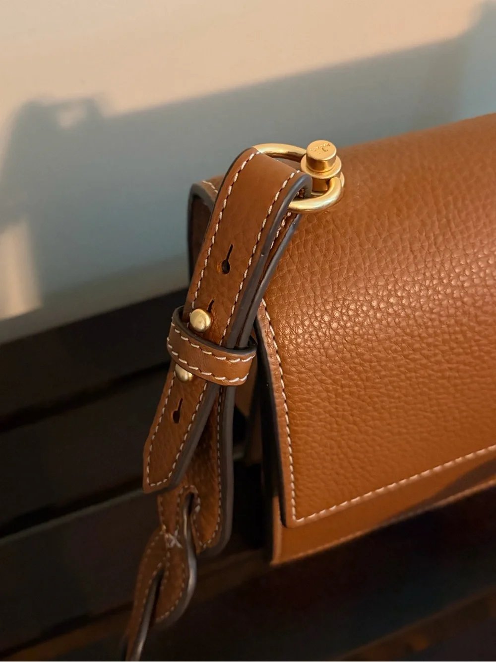 Tory Burch Tan Leather Shoulder Bag with Gold Logo Medallion